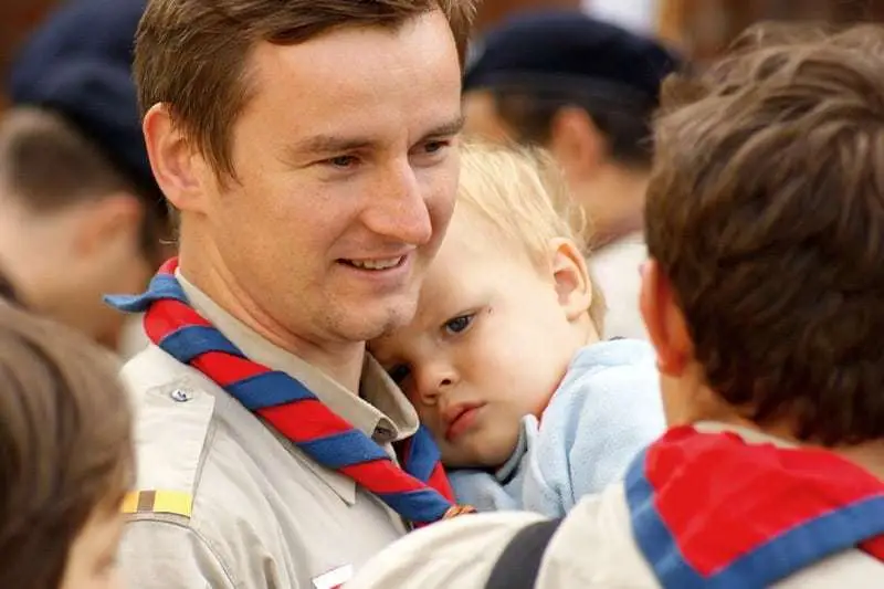scout leader with his son