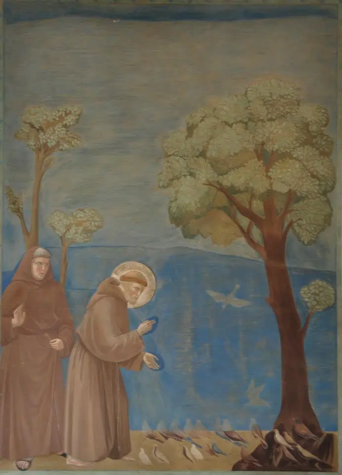 Saint Francis of Assisi raises his hand while preaching to birds in a painted copy after Giotto
