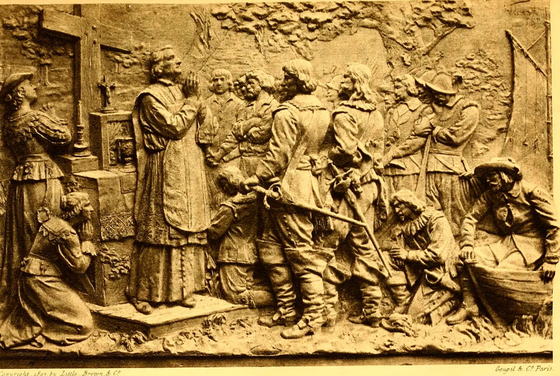 Historic illustration of the first Mass at Montreal, with missionaries and settlers kneeling before an outdoor altar in New France