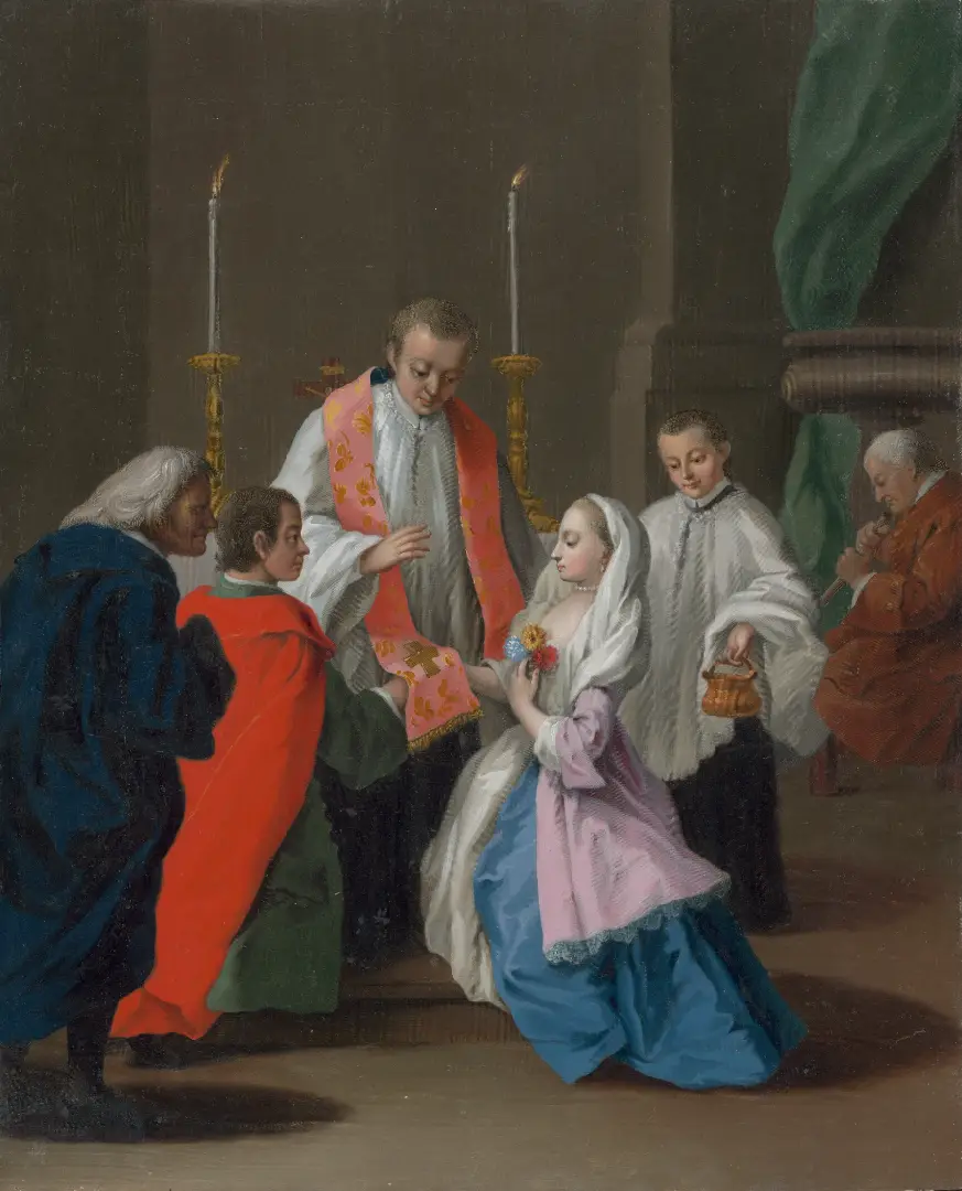 Pietro Longhi painting of a Catholic wedding ceremony before a priest