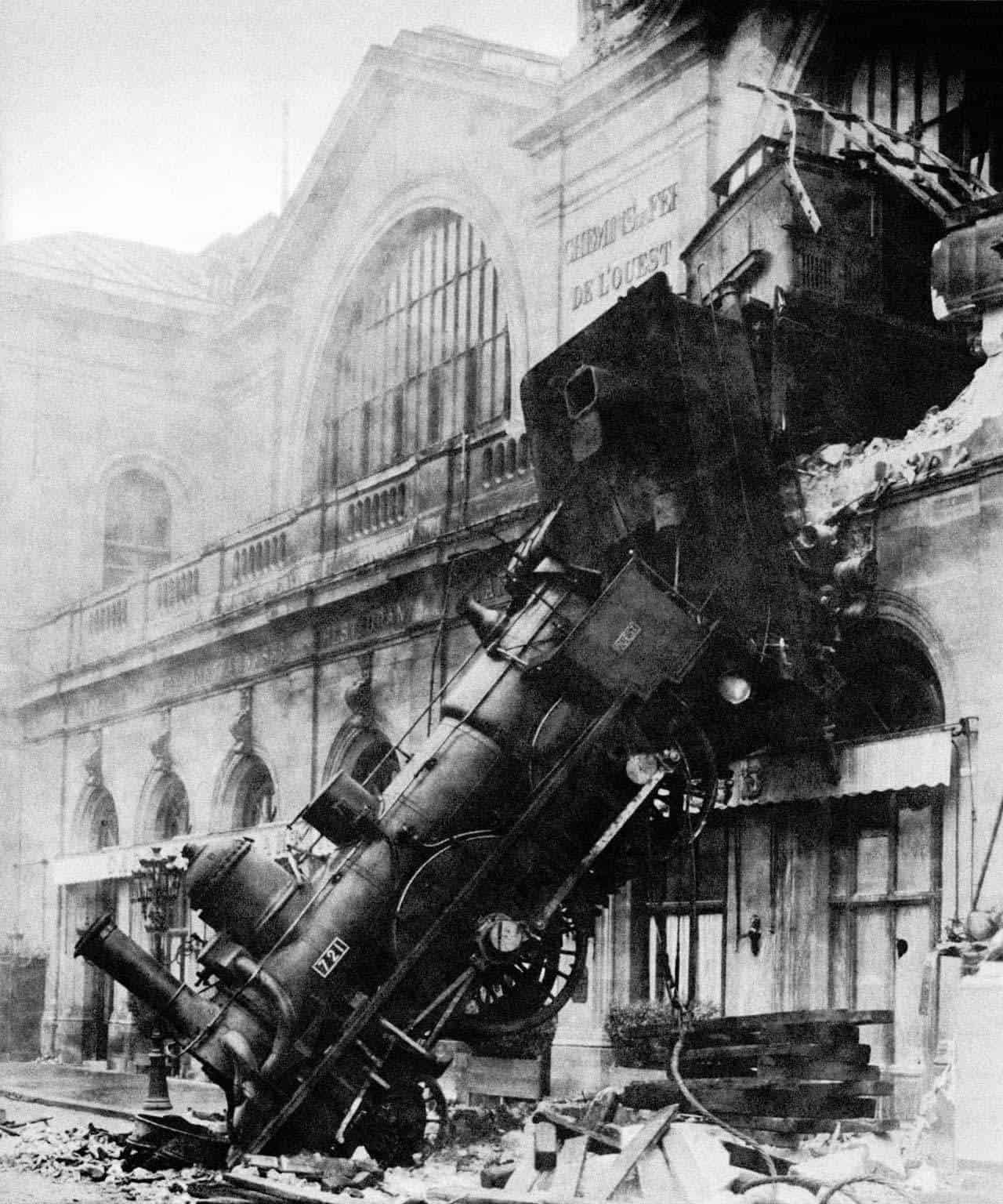 black and white photo of a failure, a train wreck