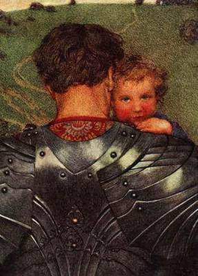 man dressed in armor holding a child