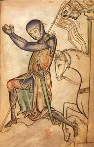 Medieval illustration of a knight in chainmail armor kneeling in prayer, with a sword at his side, a decorated cloak, and a horse holding a flag behind him. The scene has a religious and chivalric theme.