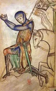 Medieval illustration of a true knight in blue armor, kneeling in prayer with a sword at his side. A horse with a decorated caparison stands behind him, holding a flag adorned with cross symbols.