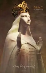 A statue of the Virgin Mary wearing a golden crown, with hands raised in prayer. Text reads May, the month of Mary and Crown her in your heart. knights.org at the bottom.