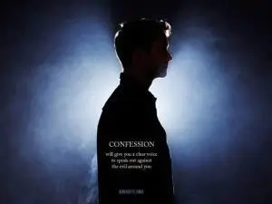 A man stands in profile against a bright, blue-lit background. Text reads: Confession will give you a clear voice to speak out against the evil around you. The source is listed as knights.org.