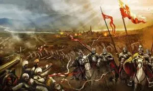 Illustration of an intense medieval battle with armored knights on horseback charging toward enemy soldiers; banners with the Holy Name of Mary wave, cannon fires, and a burning city is visible in the background under a dramatic sky.