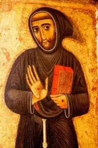 A medieval-style painting of a bearded man in a brown hooded robe, displaying a hand with a wound, and holding a red-bound book against a golden background.