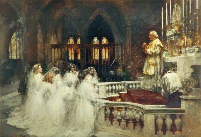 Priest elevating the Eucharist while girls in white and an altar boy adore
