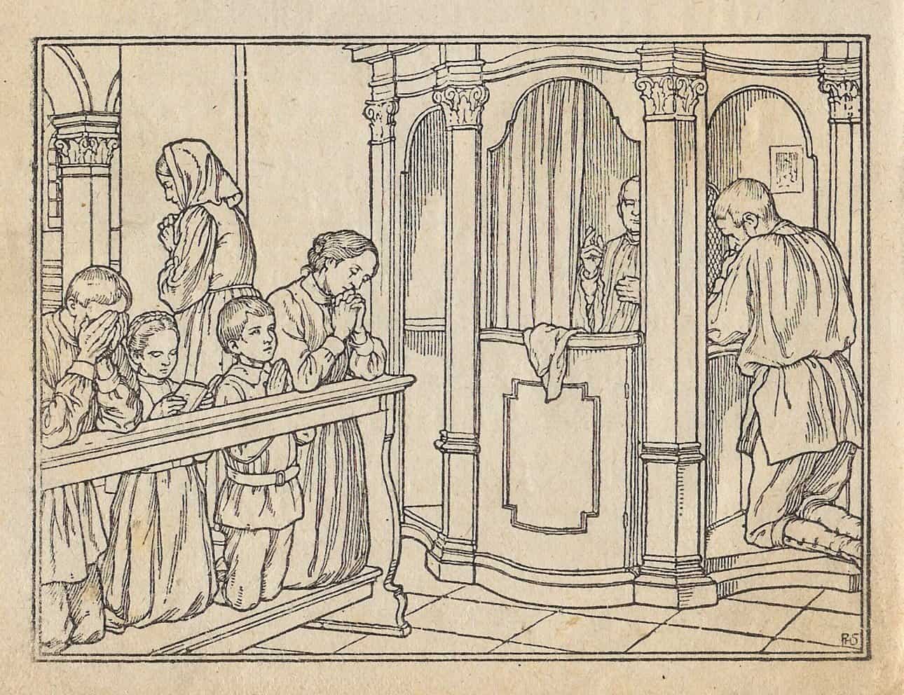 Drawing of people going to confession