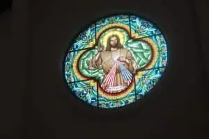 stained glass window of Divine Mercy image