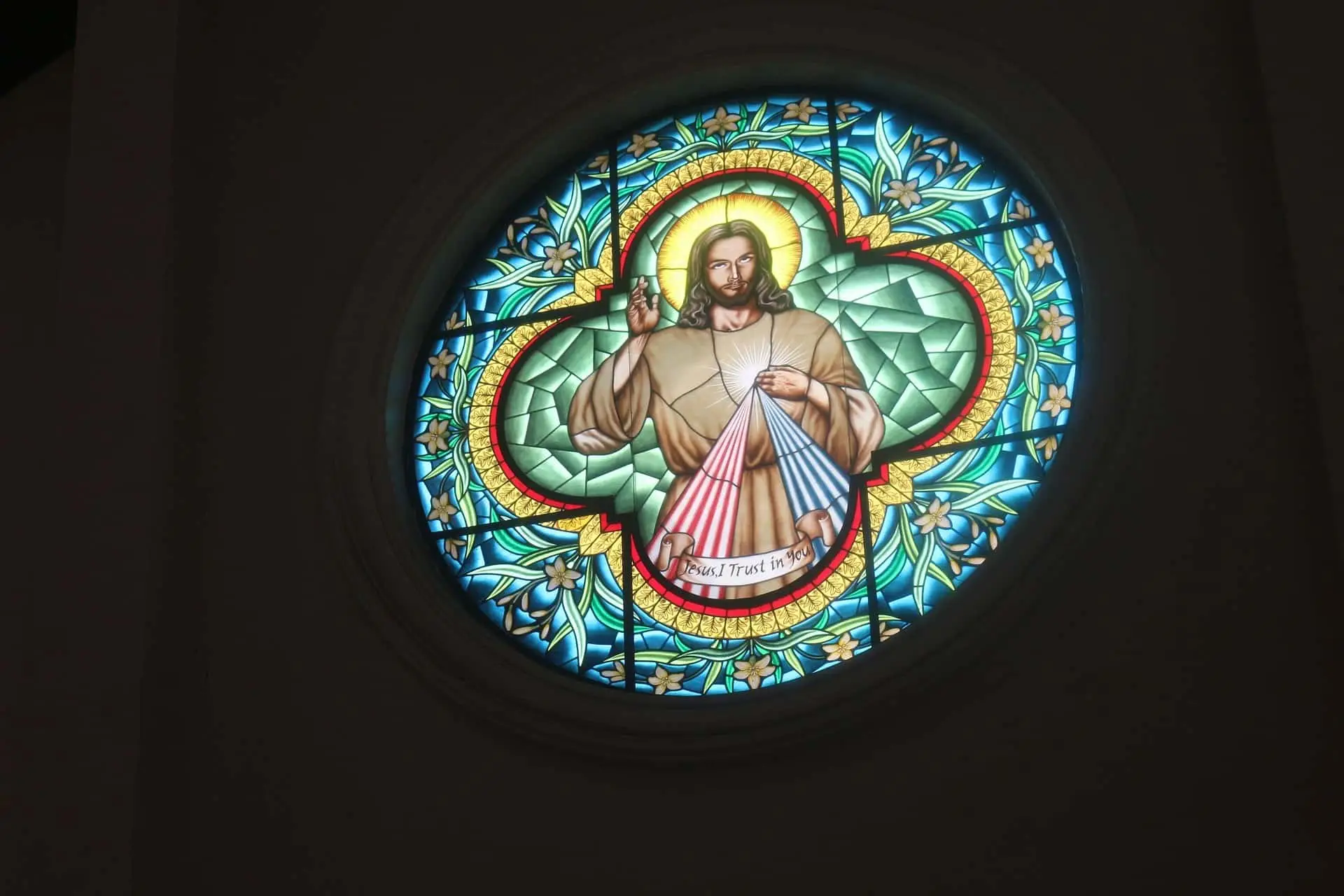 stained glass window of Divine Mercy image