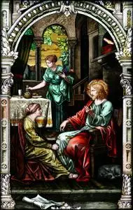 Mary sitting at the feet of Jesus praying in the evening
