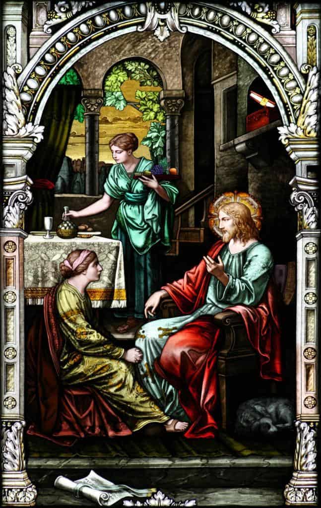 Mary sitting at the feet of Jesus praying in the evening