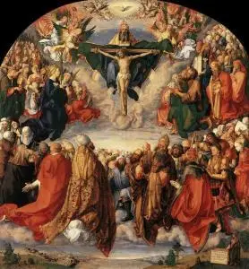 painting of followers adoring Jesus on the cross