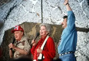 Bob and Dolores Hope perform for U.S. troops at a USO Christmas show during Operation Desert Shield, December 1990