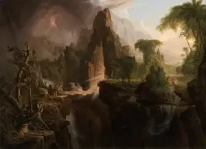 Adam and Eve leave the light of Eden for a dark, stormy wilderness in Thomas Cole's Expulsion from the Garden of Eden