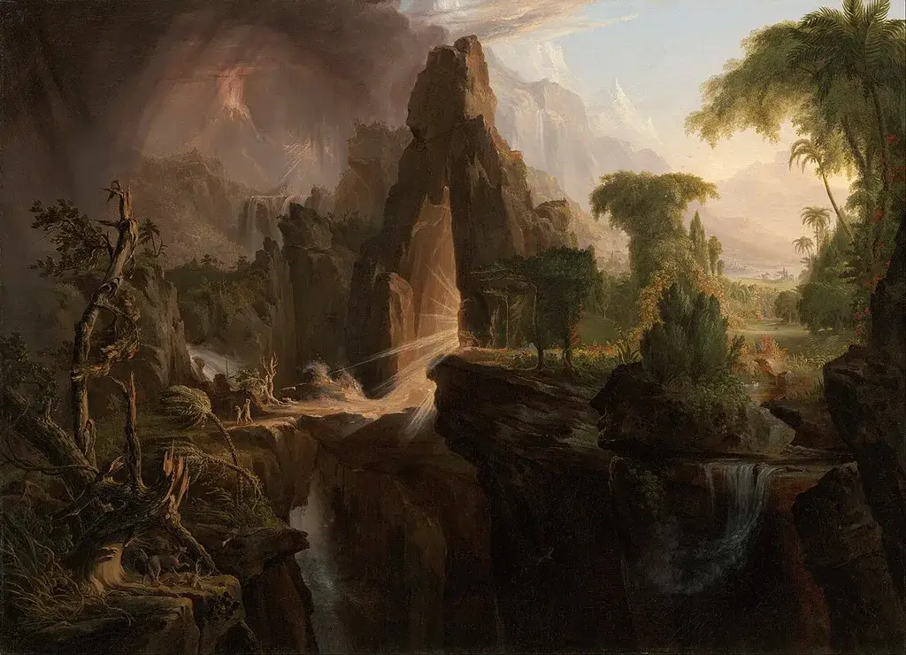 Adam and Eve leave the light of Eden for a dark, stormy wilderness in Thomas Cole's Expulsion from the Garden of Eden