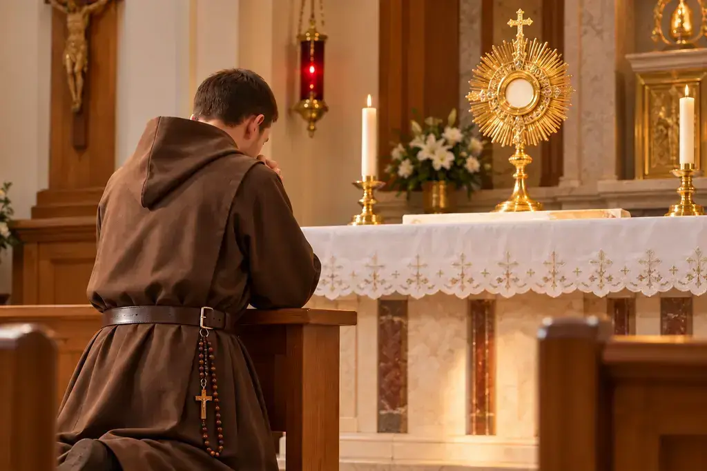 A Knight of the Holy Eucharist praying before the Blessed Sacrament