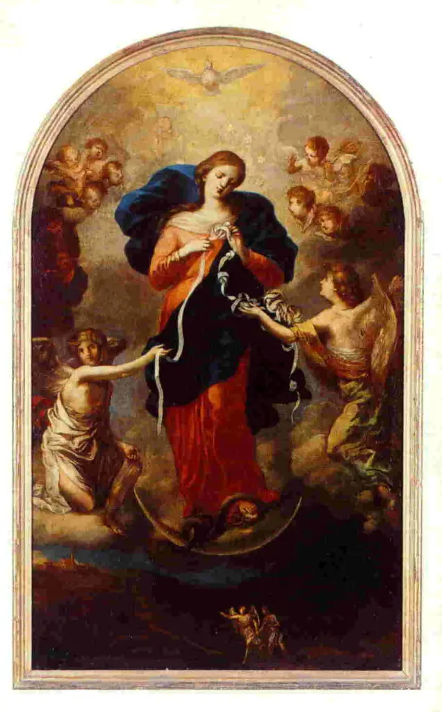 Our Lady Undoer of Knots Novena painting showing the Virgin Mary untying a white ribbon.