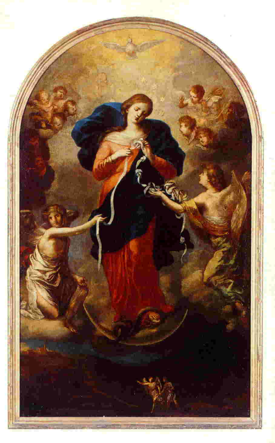 Our Lady Undoer of Knots Novena painting showing the Virgin Mary untying a white ribbon.