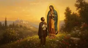 A man kneels in prayer before an apparition of the Virgin Mary, surrounded by flowers in a sunlit meadow with a distant village under a golden sky.