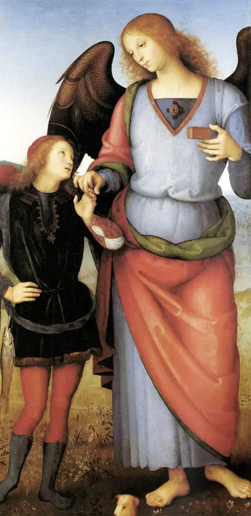 Prayer to St. Raphael the Archangel image showing Raphael guiding Tobias in Pietro Perugino’s Renaissance painting