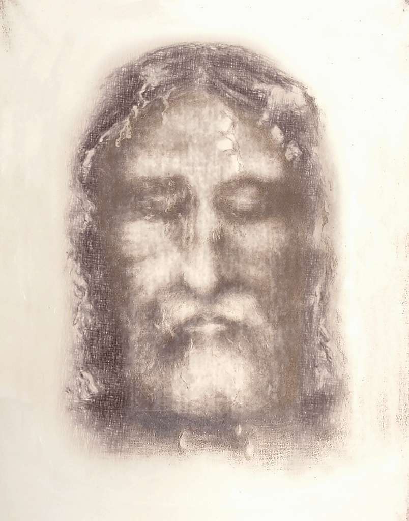 A 1909 photogravure of the face of Jesus as it appears on the Shroud of Turin, the traditional image associated with devotion to the Holy Face