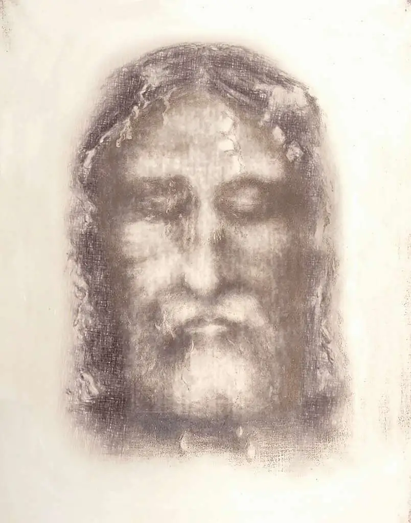 A 1909 photogravure of the face of Jesus as it appears on the Shroud of Turin, the traditional image associated with devotion to the Holy Face