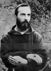 A 1919 photograph of a young Padre Pio in his Capuchin habit, one year after he received the visible stigmata