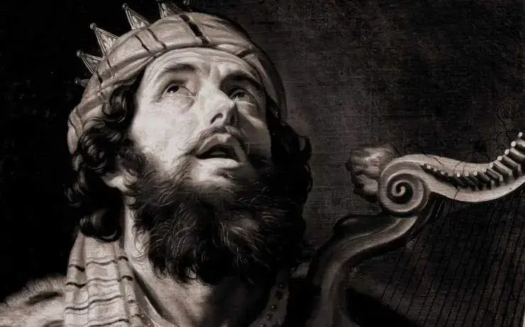 King David playing a harp, reflecting the biblical imagery in Leonard Cohen’s Hallelujah