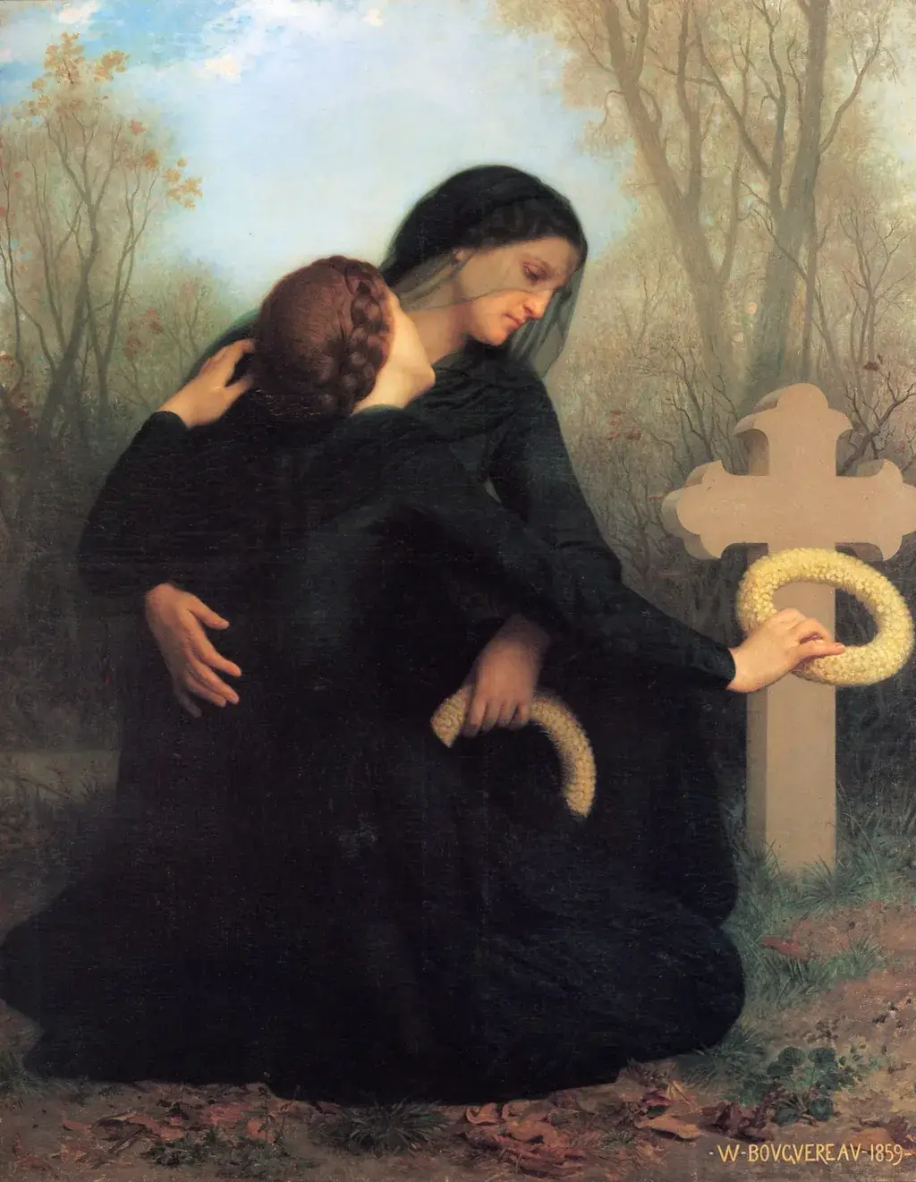 Two grieving women in black mourning at a grave on All Souls Day