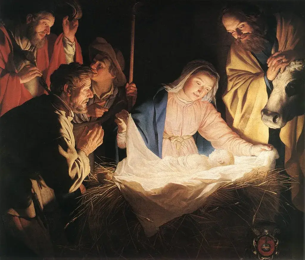 Gerard van Honthorst painting of Mary, Joseph and the shepherds adoring the newborn Christ Child in the manger by candlelight