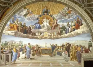 Raphael's Disputation of the Holy Sacrament, with the Eucharist on the altar at the center between heaven and earth