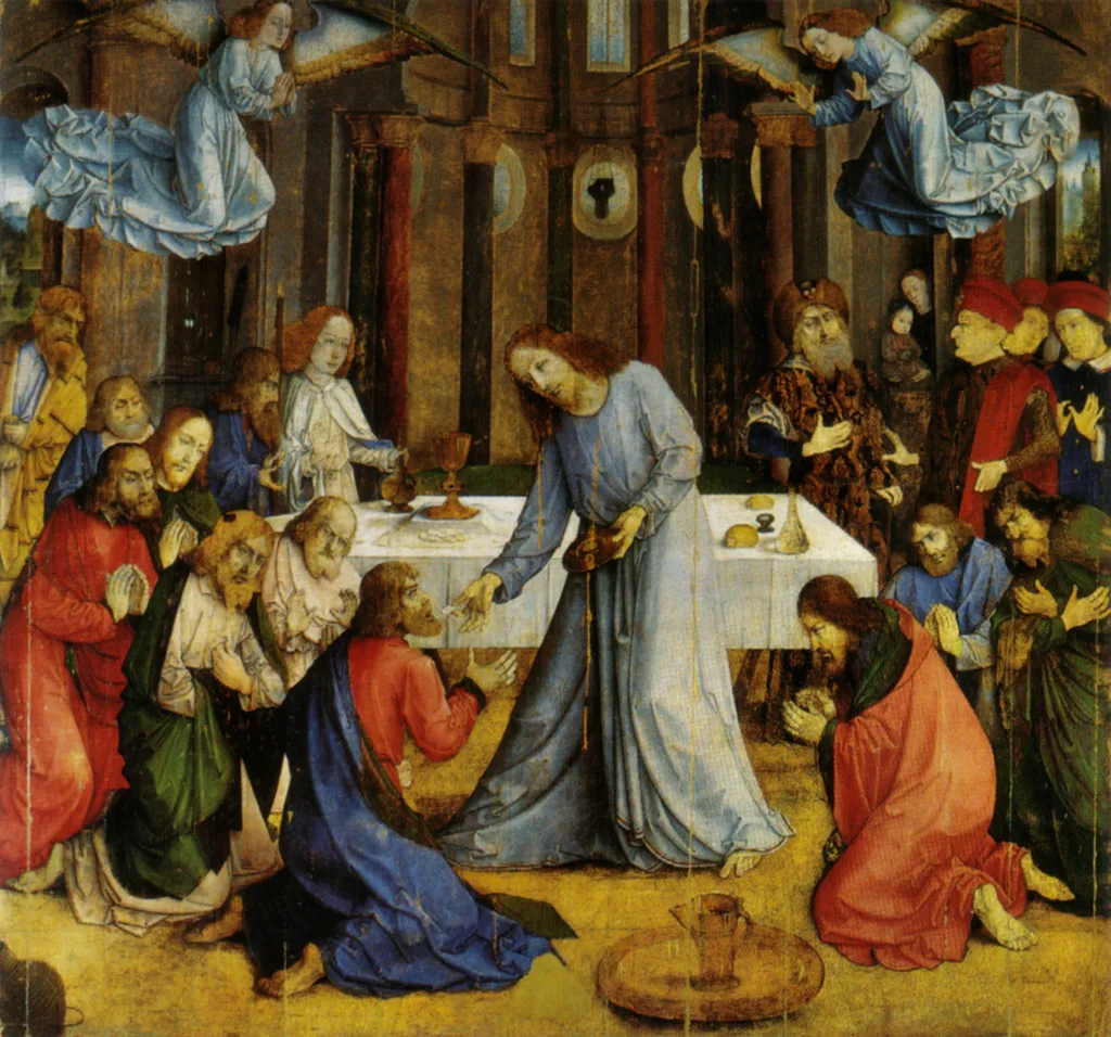 Justus of Ghent painting of Christ giving Holy Communion to the kneeling apostles, the first distribution of the Eucharist