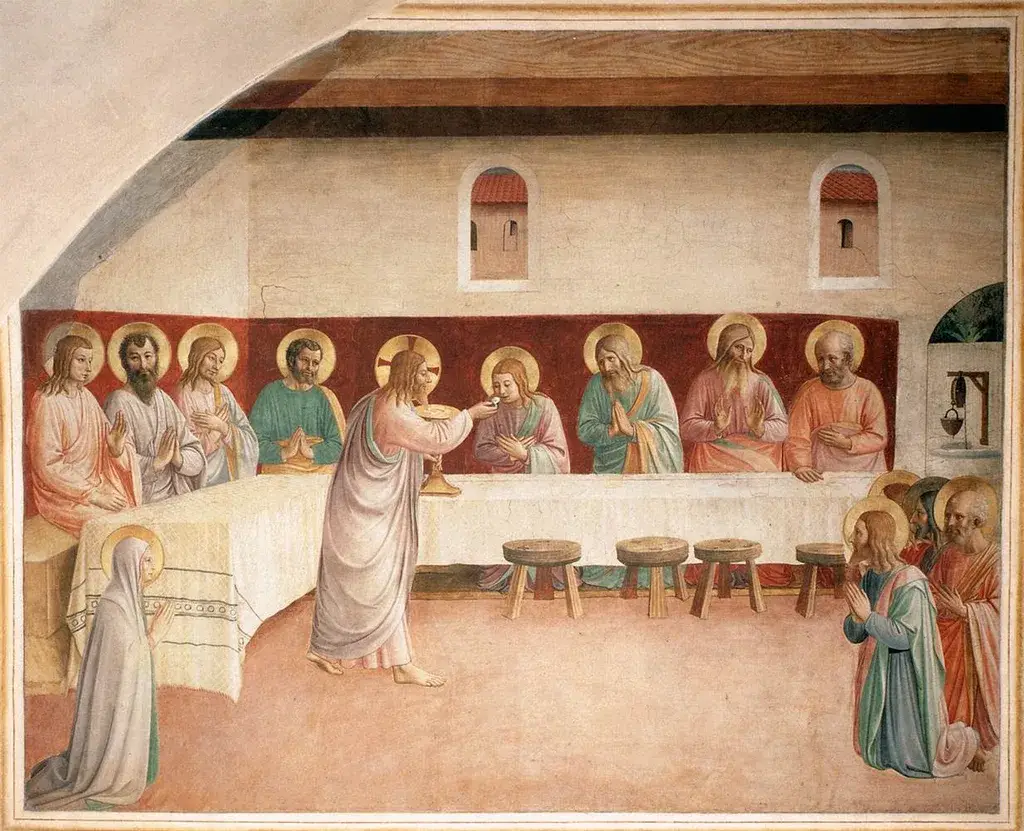 Fra Angelico fresco of Christ giving Holy Communion to the kneeling apostles