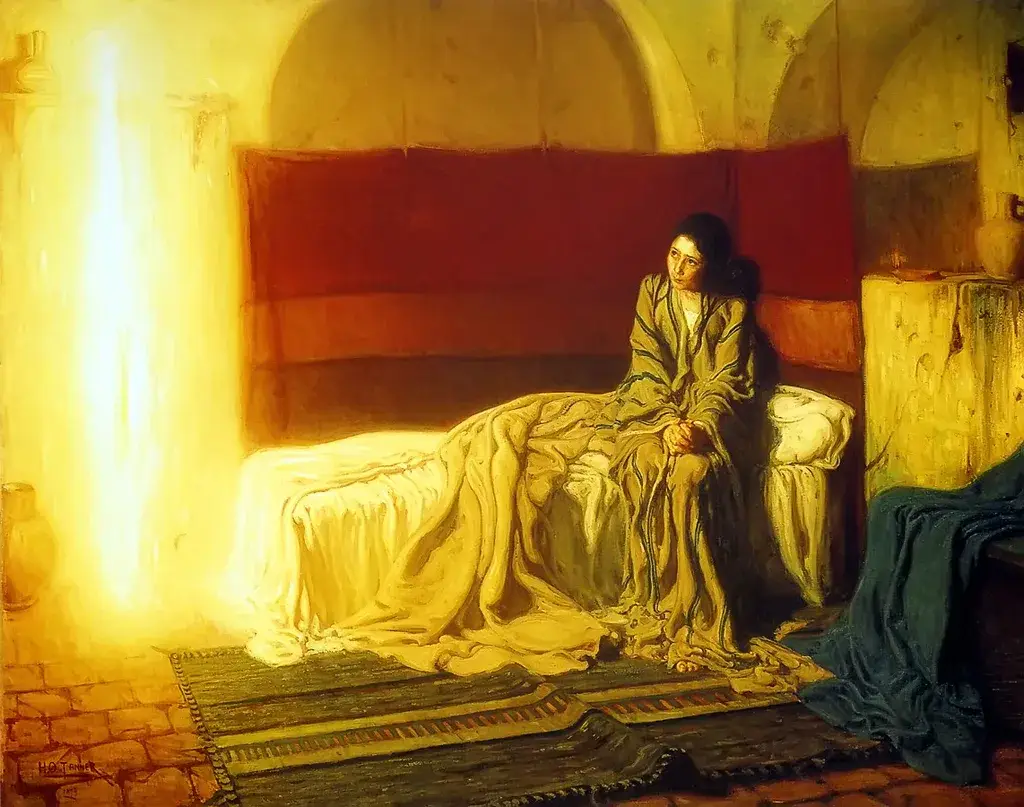 Henry Ossawa Tanner painting of the Annunciation, the young Virgin Mary looking toward the angel shown as a column of light
