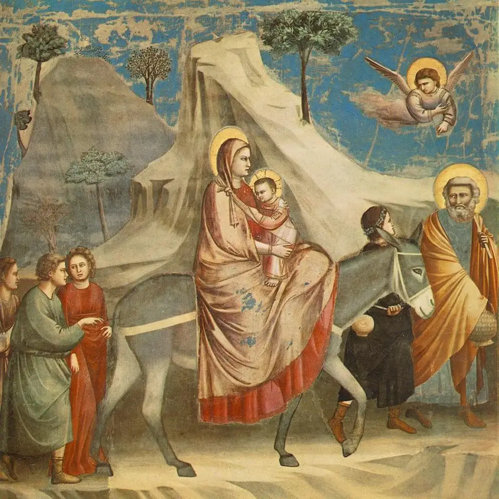Giotto fresco of the Flight into Egypt, Mary holding the Christ Child on a donkey led by St. Joseph as an angel guides them