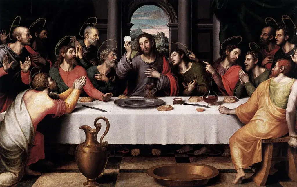 Juan de Juanes painting of Christ holding up the Holy Eucharist among the apostles at the Last Supper