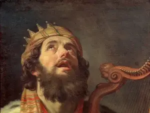 King David playing a harp in a dark room, painting by Gerard van Honthorst, 1622