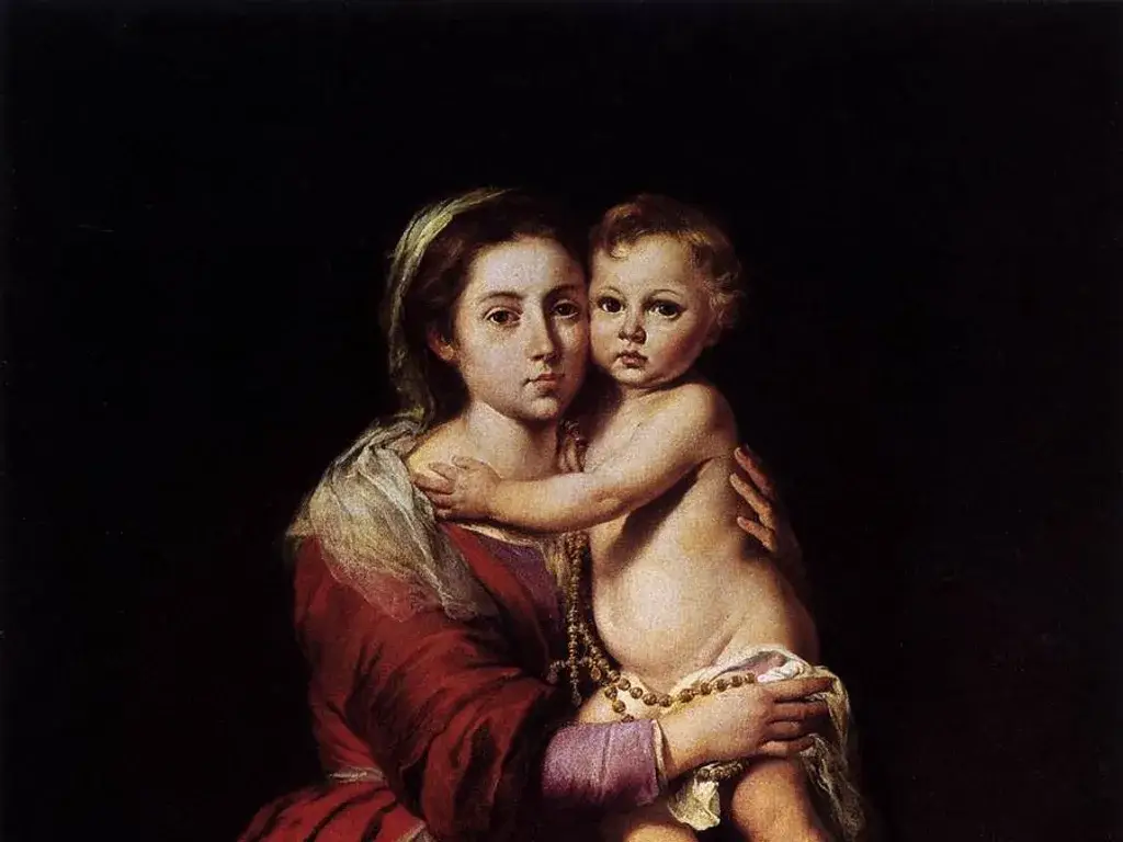 Murillo painting of the Virgin Mary holding the Christ Child, who holds a Rosary