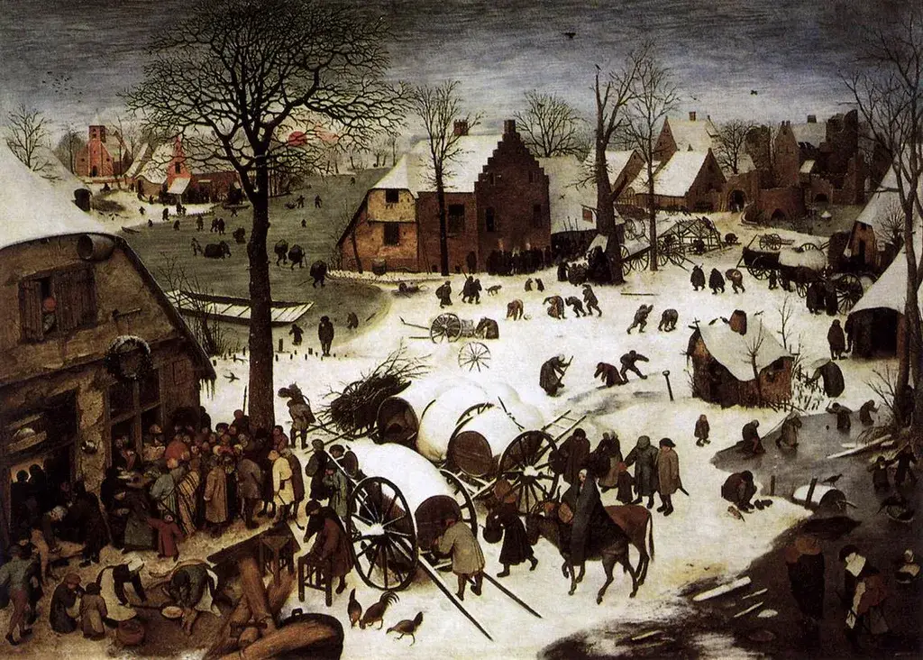 Pieter Bruegel the Elder painting of a snowy village as Mary and Joseph arrive in Bethlehem, Mary riding a donkey