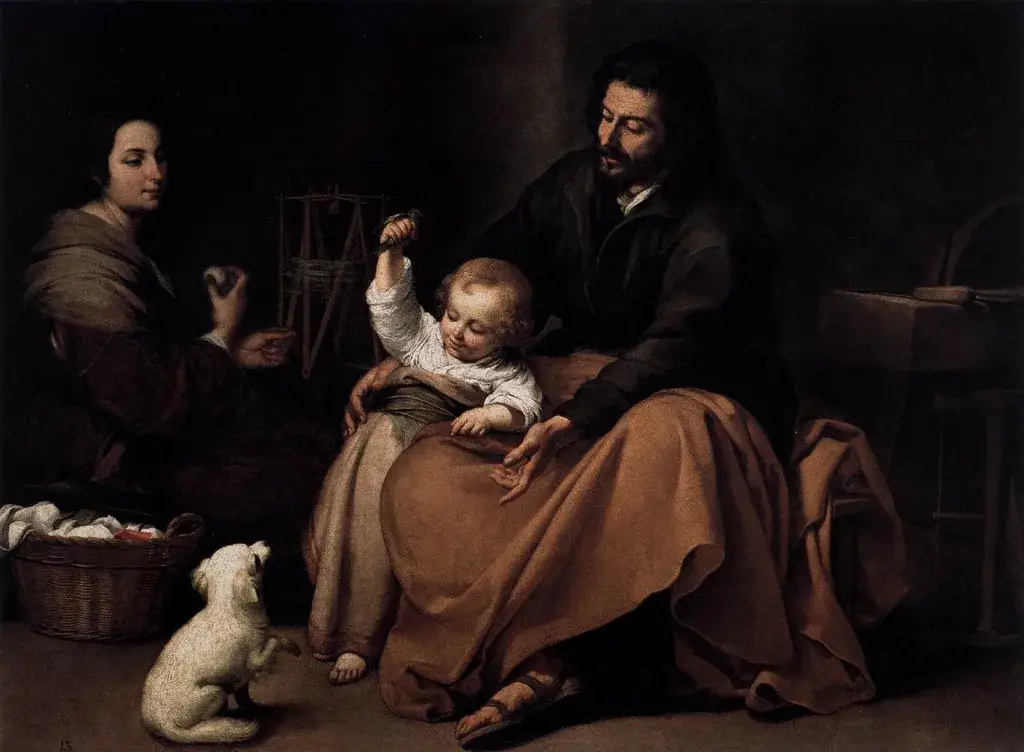 Murillo painting of the Holy Family at home, St. Joseph holding the Child Jesus while Mary pauses from her spinning