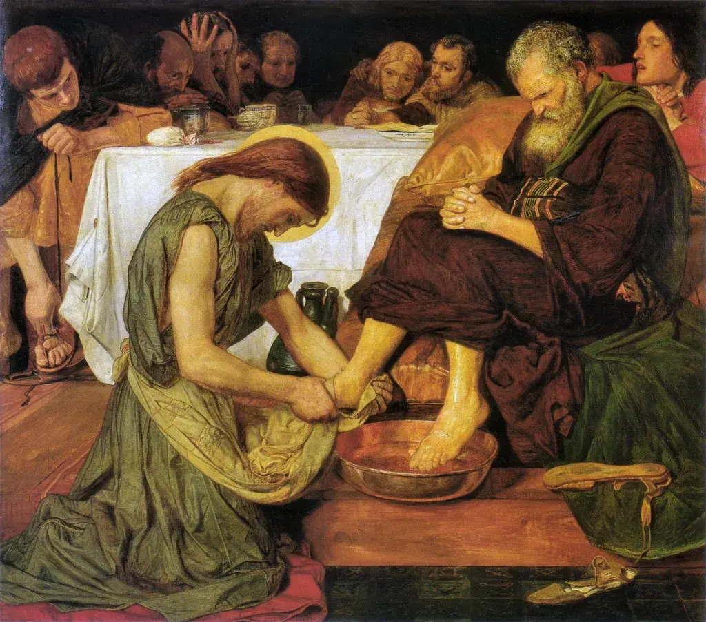 Spiritual meaning of feet: Ford Madox Brown painting of Jesus kneeling to wash St. Peter's feet at the Last Supper