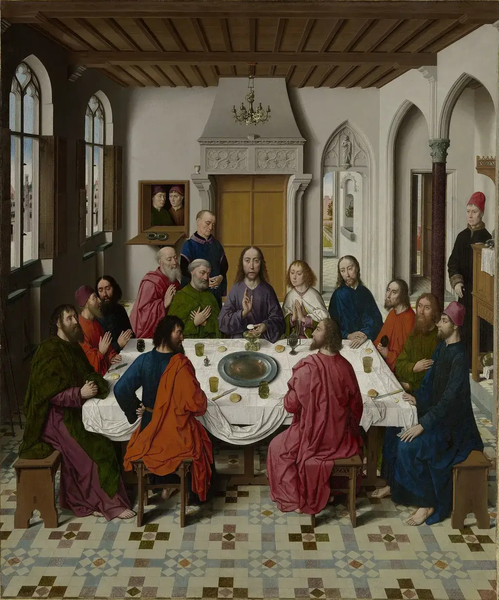 Jesus and the Apostles gathered for the Last Supper in a painting by Dieric Bouts