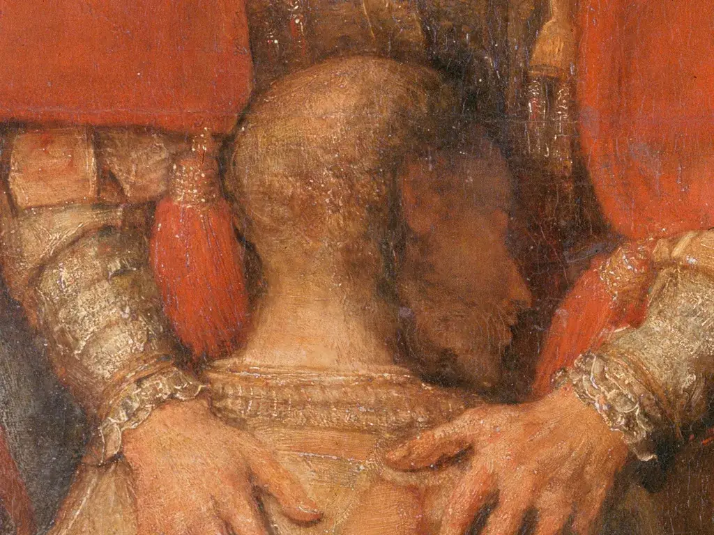The father's hands resting on the shoulders of his kneeling son, detail from Rembrandt's The Return of the Prodigal Son