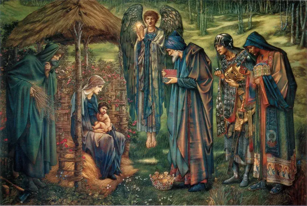 The Magi approach Mary and the Christ Child beneath an angel holding the star, in Edward Burne-Jones's watercolor The Star of Bethlehem