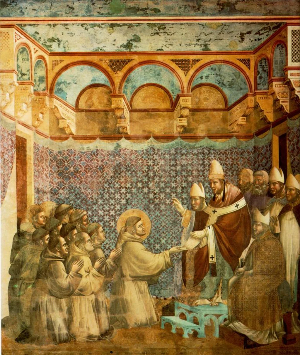 Giotto fresco of St. Francis and his first brothers kneeling before Pope Innocent III as he approves the Rule of the Friars Minor