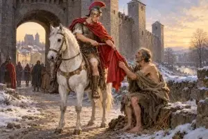 St. Martin of Tours shares his red cloak with a poor man at a snowy city gate.