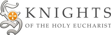 Logo for the Knights of the Holy Eucharist featuring a large stylized letter K containing a circular orange cross emblem, followed by the text KNIGHTS OF THE HOLY EUCHARIST.
